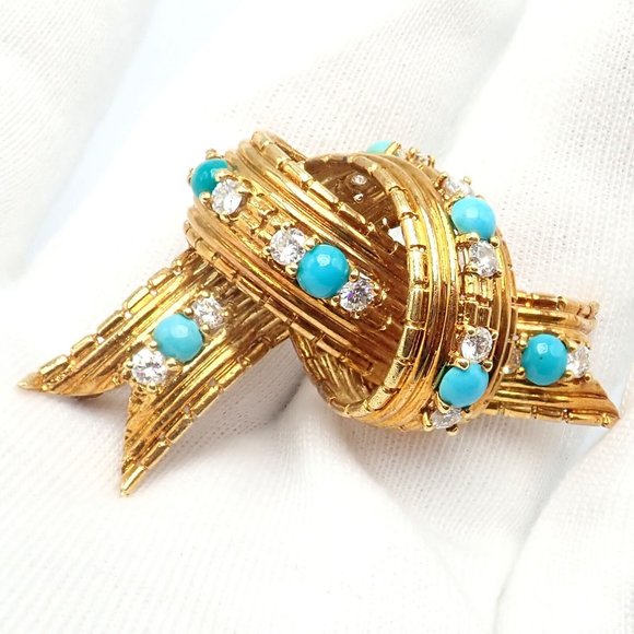 Vintage Tiffany & Co. 18k Yellow Gold Diamond Turquoise Bamboo Bow Pin Brooch - Picture 2 of 11